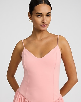 Mixed Media V-Neck Drop Waist Midi Dress with Pockets