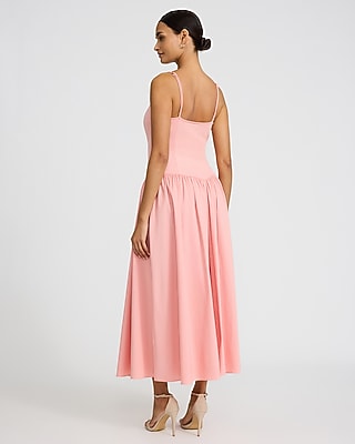 Mixed Media V-Neck Drop Waist Midi Dress with Pockets