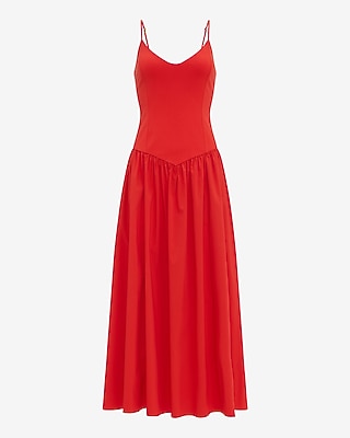 Mixed Media V-Neck Drop Waist Midi Dress with Pockets