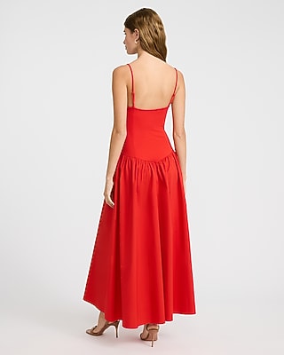 Mixed Media V-Neck Drop Waist Midi Dress with Pockets