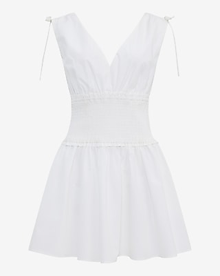 Cotton Poplin V-Neck Smocked Waist Mini Dress with Pockets