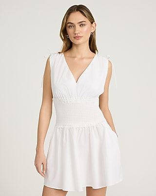 Cotton Poplin V-Neck Smocked Waist Mini Dress with Pockets