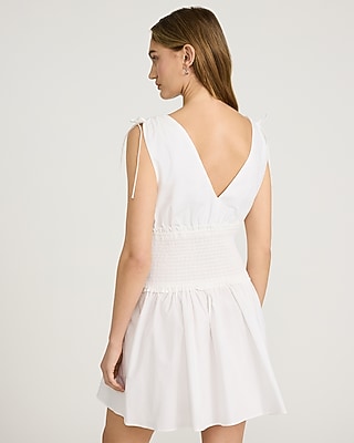 Cotton Poplin V-Neck Smocked Waist Mini Dress with Pockets