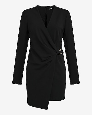 V-Neck Long Sleeve Hardware Wrap Mini Blazer Dress