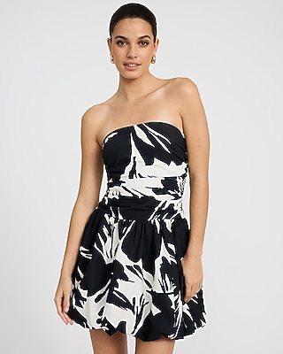 Cotton Poplin Printed Drop Waist Bubble Hem Mini Dress with Pockets