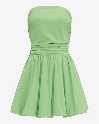 Poplin Strapless Drop Waist Bubble Hem Mini Dress with Pockets