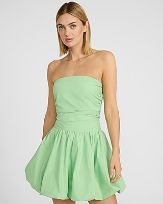 Poplin Strapless Drop Waist Bubble Hem Mini Dress with Pockets