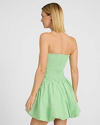 Poplin Strapless Drop Waist Bubble Hem Mini Dress with Pockets