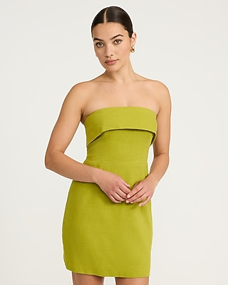 Linen-Blend Fold Over Strapless Mini Tube Sheath Dress