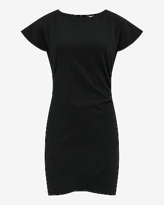 Crepe Crew Neck Ruched Wrap Mini Dress