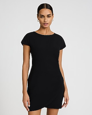 Crepe Crew Neck Ruched Wrap Mini Dress - image 5