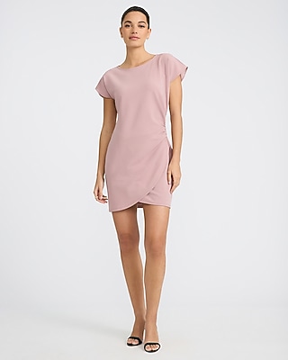 Crepe Crew Neck Ruched Wrap Mini Dress - image 3