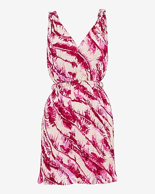 Satin Textured Printed V-Neck Cutout Mini Dress with Pockets