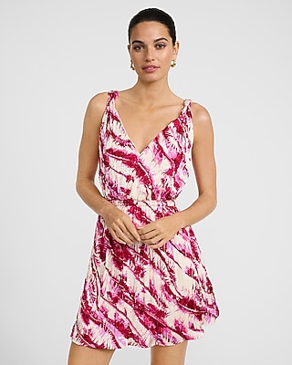 Satin Textured Printed V-Neck Cutout Mini Dress with Pockets