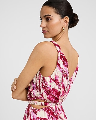 Satin Textured Printed V-Neck Cutout Mini Dress with Pockets