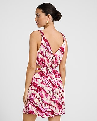 Satin Textured Printed V-Neck Cutout Mini Dress with Pockets