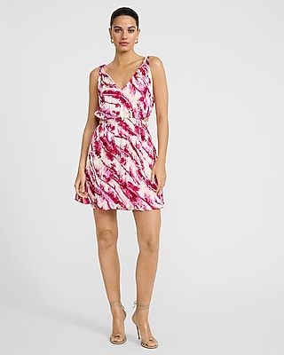 Satin Textured Printed V-Neck Cutout Mini Dress with Pockets