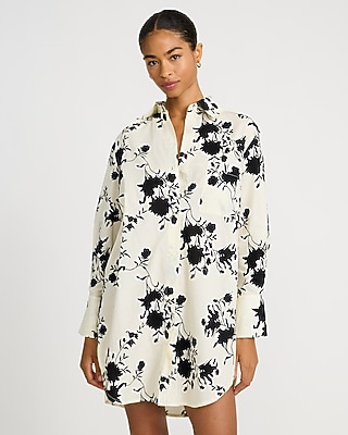 Cotton Floral Long Sleeve Mini Shirt Dress