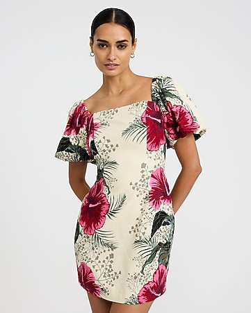 express mini dress Stylish Women's Dresses and puff sleeves Express, Printed Square Neck Sleeveless