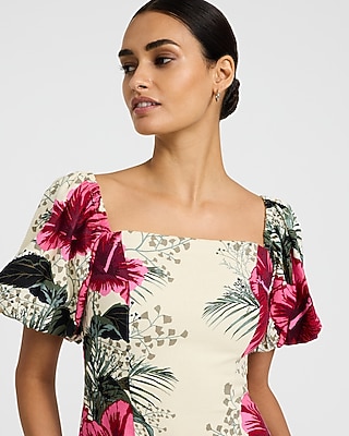 Floral Linen-Blend Puff Sleeve Smocked Back Mini Dress