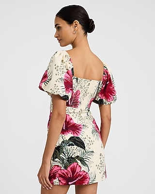 Floral Linen-blend Puff Sleeve Smocked Back Mini Dress | Express