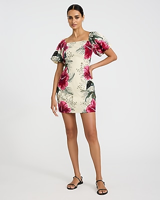 Floral Linen-blend Puff Sleeve Smocked Back Mini Dress | Express