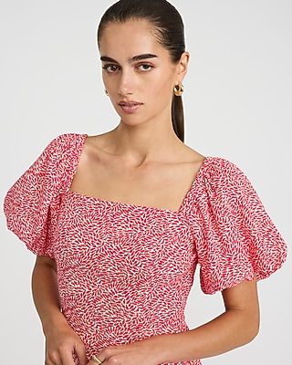 Printed Linen-Blend Puff Sleeve Smocked Back Mini Dress