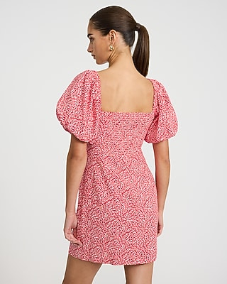 Printed Linen-Blend Puff Sleeve Smocked Back Mini Dress