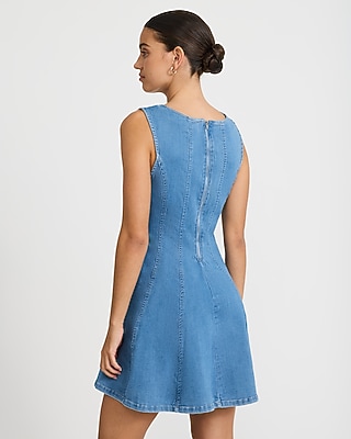Stretch Denim Crew Neck Seamed Mini Fit and Flare Dress