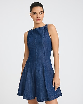 Denim Boat Neck Sleeveless Fit & Flare Mini Dress