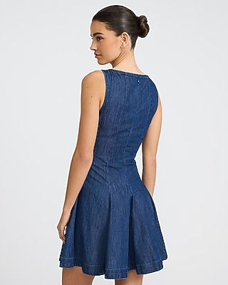 Denim Boat Neck Sleeveless Fit & Flare Mini Dress
