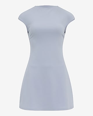 Crepe Mock Neck Cap Sleeve Back Cutout Mini Dress with Pockets