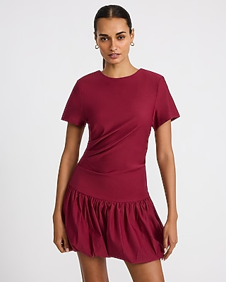 Ruched Drop Waist Bubble Hem Mini T-Shirt Dress