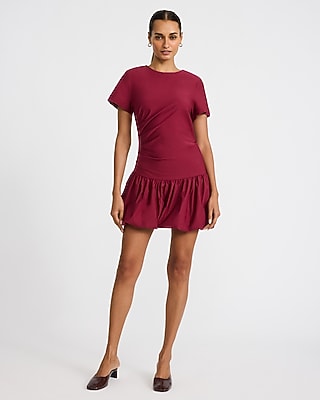 Ruched Drop Waist Bubble Hem Mini T-Shirt Dress