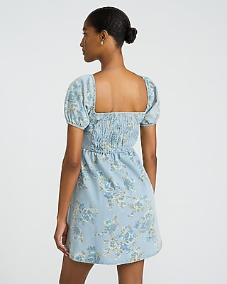 Denim Floral Puff Sleeve Smocked Back Mini Dress