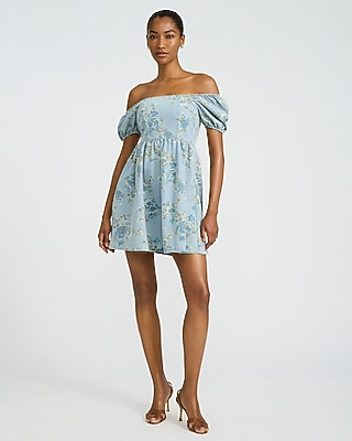 Denim Floral Puff Sleeve Smocked Back Mini Dress | Express