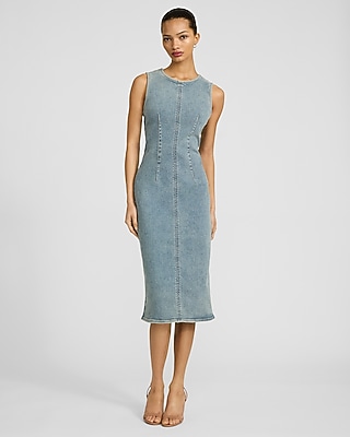 ☆☆雪☆☆Deuxieme dignity sleeveless Stretch Denim Crew Neck Sleeveless Midi Sheath Dress | Express