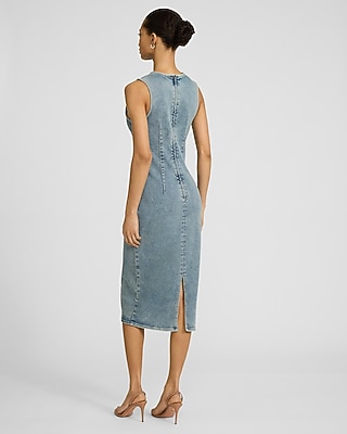 knee length dresses for ladies Stretch Denim Midi Balloon Dress in Blue