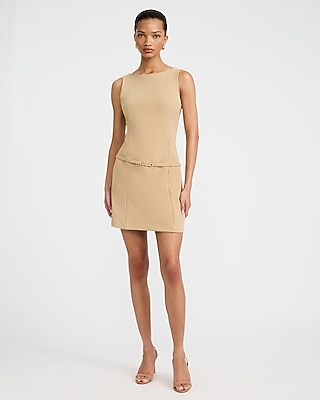 Crepe Boat Neck Sleeveless Belted Mini Sheath Dress - thumbnail 7