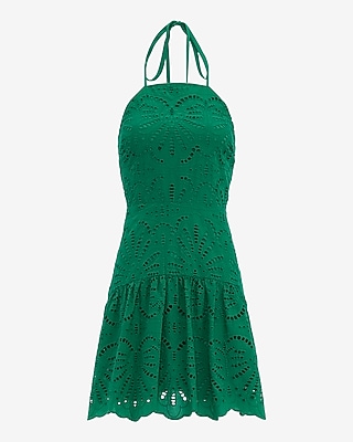 Eyelet Tie Halter Drop Waist Smocked Back Mini Dress