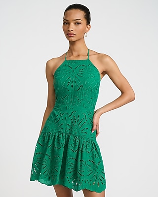Eyelet Tie Halter Drop Waist Smocked Back Mini Dress
