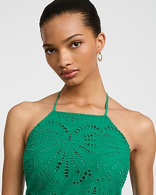 Eyelet Tie Halter Drop Waist Smocked Back Mini Dress