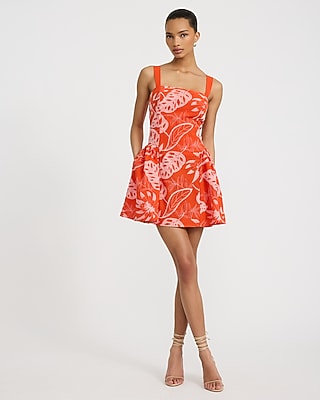 Embroidered Square Neck Drop Waist Mini Dress with Pockets