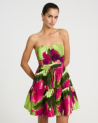 Cotton Poplin Strapless Sweetheart Tiered Mini Dress with Pockets