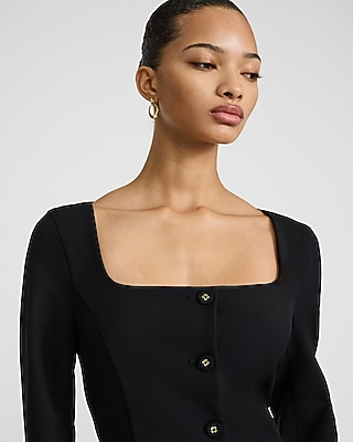 Square Neck Long Sleeve Mini Blazer Dress with Pockets