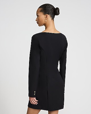 Square Neck Long Sleeve Mini Blazer Dress with Pockets