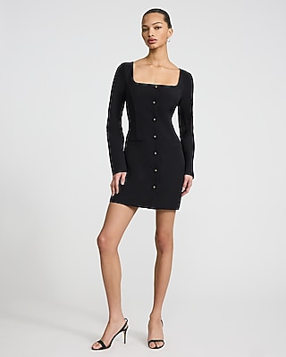 Square Neck Long Sleeve Mini Blazer Dress with Pockets