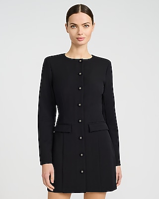 Crew Neck Long Sleeve Mini Blazer Dress with Pockets