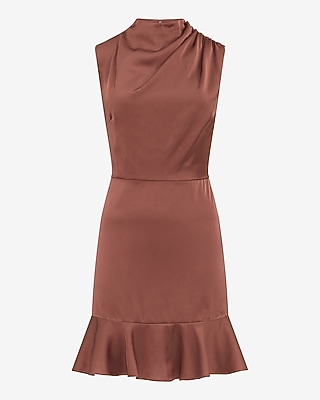 Mock Neck Gathered Shoulder Ruffle Hem Satin Mini Dress - image 5