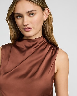 Mock Neck Gathered Shoulder Ruffle Hem Satin Mini Dress - image 2